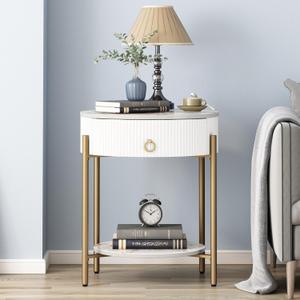 OIOG Modern End Table with Storage Drawer, Round 2-Tier Nightstand with Shelf, Gold Side Table with Metal Legs for Living Room, Bedroom, Office, Marbling Natural Stone/Gold