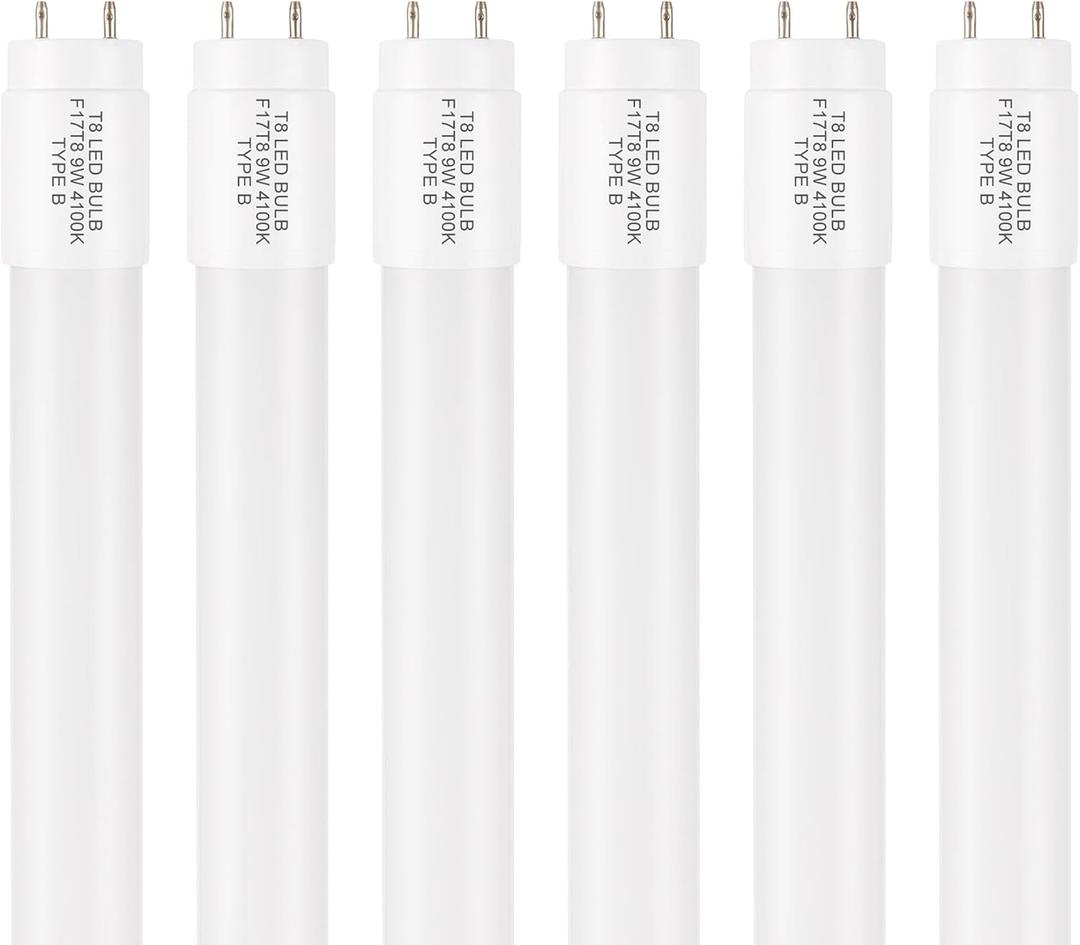 Type B F17T8/CW LED Replacement Bulbs, 24 Inch, T8 9W, 4100K Cool White, 2FT LED Replacement, Double-End Powered, G13, 6 Pack