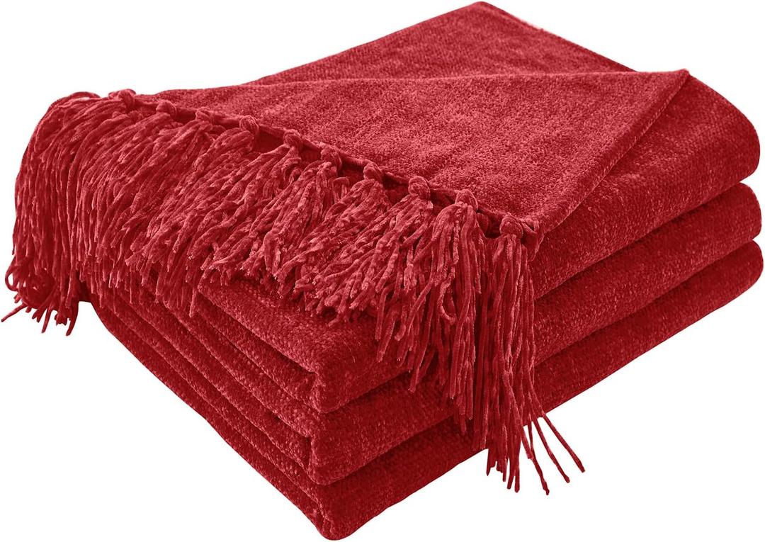 CozeCube Chenille Throw Blanket for Couch, Cozy Plush Fuzzy Decorative Christmas Red Blanket with Fringe Tassels, Lightweight Throws for Bed Sofa Gift Home Decor, 50"X60"