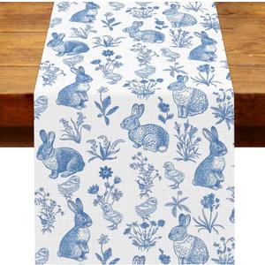 Chinoiserie Easter Table Runner Retro Blue White Bunny Flower Spring Holiday Party Decoration Home Kitchen Dining Room Table Decor