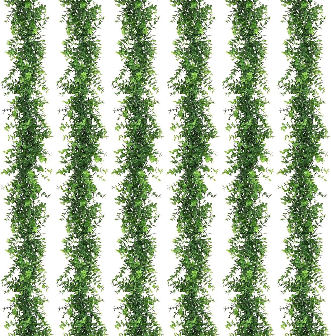 Artflower 6 Pack Artificial Eucalyptus Garland, 5.9Ft/pcs Faux Eucalyptus Vines Greenery Garland Fake Hanging Eucalyptus Leaves Plant Wedding Backdrop Arch Wall Table Party Festival Decor, Green