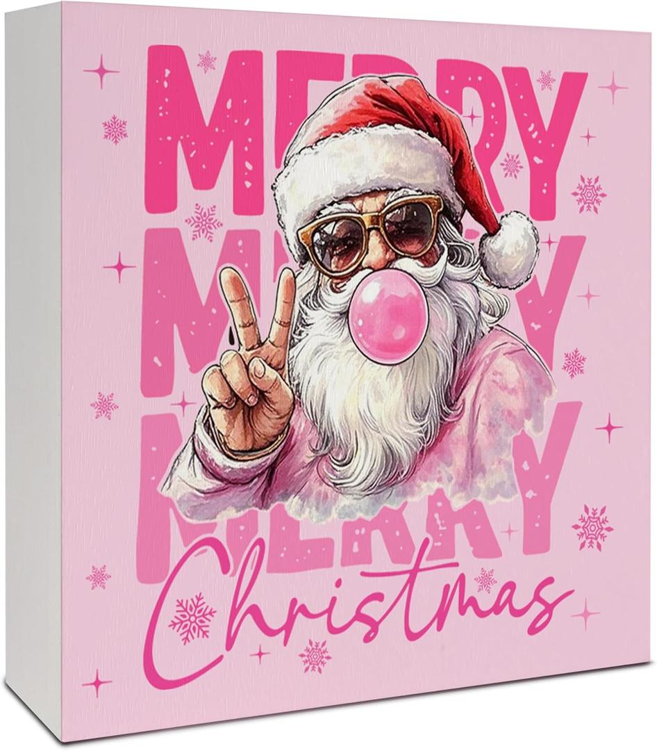 Pink Christmas Santa Wooden Box Sign, Pink Christmas Decorations, Preppy Girly Xmas Holiday Wood Signs for Bedroom Dorm Home Office Desk Table Shelf Decorations, 5x5 Inch