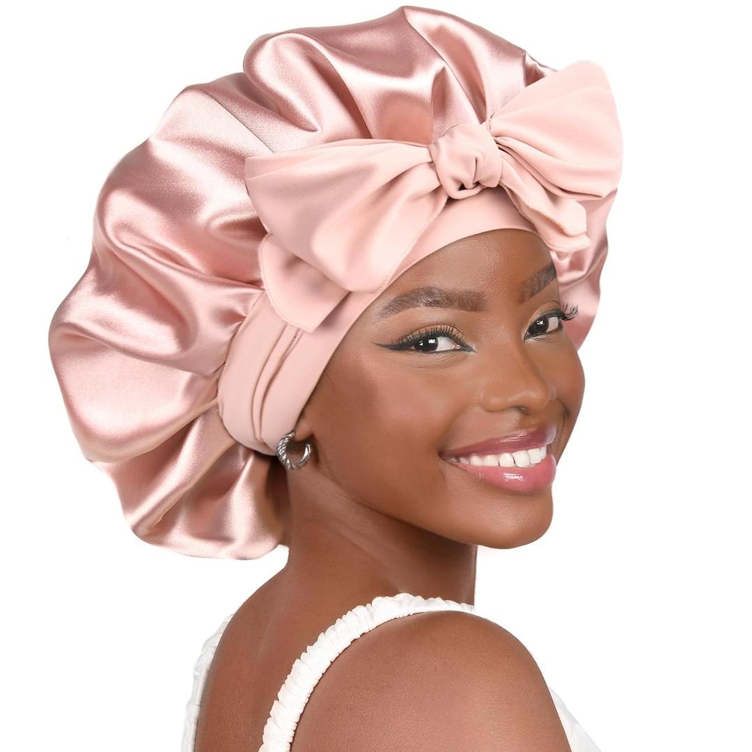 YANIBEST Silk Bonnet for Sleeping Women Satin Bonnet Double Layer Satin Lined Hair Bonnet with Tie Band Curly Hair Blush Pink (Large)