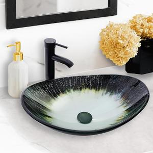 Vessel Sink 20.8"x13.7" White Oval Bathroom Sinks Tempered Glass Art Basin Bowl Above Counter with Faucet,Farmhouse Bathroom Vanity with Sink