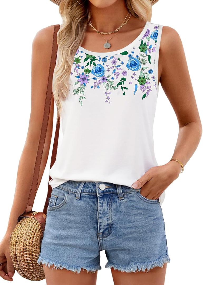 MEROKEETY Women's Summer Floral Tank Tops 2025 Vacation Boho Casual Loose Beach Sleevless Shirts (Blue, S)
