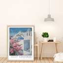 Natural Oak Tropical Island Frame Wall Art, 12x16inch White and Blue Architectural Pink Flower Canvas Wall Printed Matter, Classic City Landmark Wall Decoration Office Bedroom Living Room