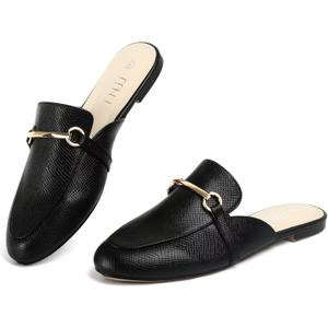 MUSSHOE Mules for Woman Buckle Flats Comfortable Slip on Women Mules Flats Shoes Backless Loafers (7.5, Black Snake Pu)