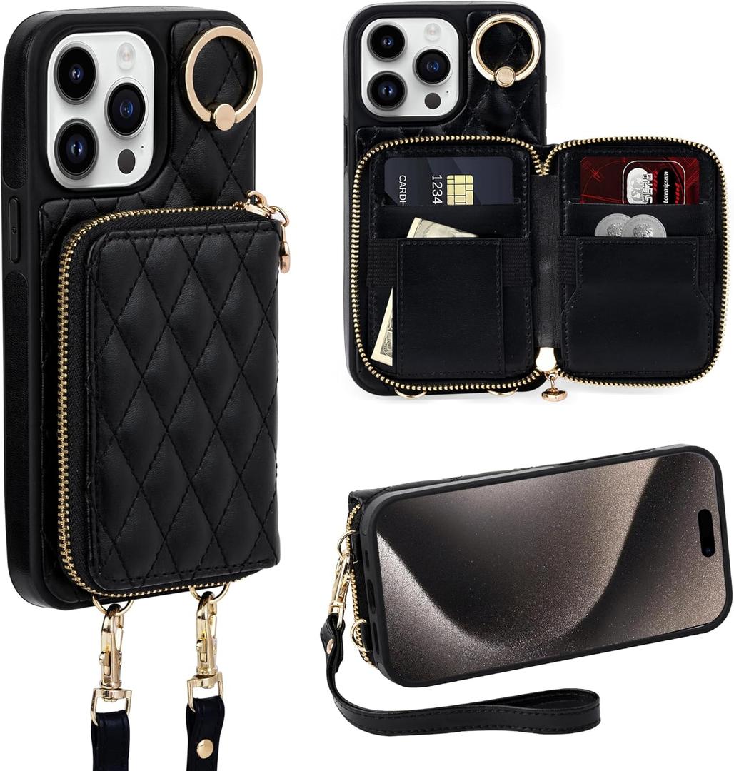 Keallce Case for iPhone 15 Pro Max 6.7'' Wallet Case, Crossbody Zipper Purse Handbag Wristlet for Women, RFID Blocking Card Holders, 360 Ring Kickstand Flip Leather Cover for iPhone 15 Pro Max, Black