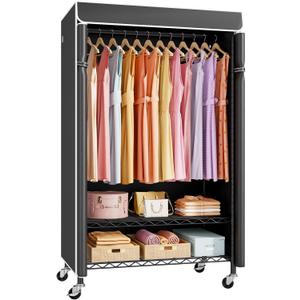 ULIFHOME P6C Rolling Clothes Rack with Cover, Covered Clothing Racks Heavy Duty, Portable Closet for Hanging Clothes, Garment Racks on Wheels, Black Closet Rack with Black Cover, Max Load 365LBS