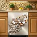 Silver Gold Floral Dishwasher Magnet Cover 23 x 26 Inch, Elegant Metallic Flower Magnetic Dishwasher Door Cover, Luxury Botanical Appliance Front Panel Decor for Kitchen(Champagne)