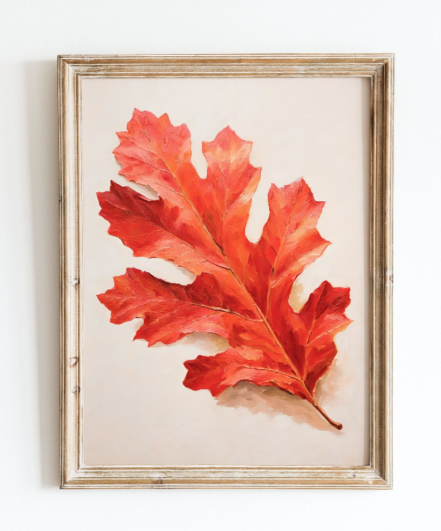 Fall Leaf Print | Oak Leaf Autumn Decor | Trendy Wall Art | Retro Rustic Farmhouse Print | Stylish Elegant Oil Painting | Housewarming Gift