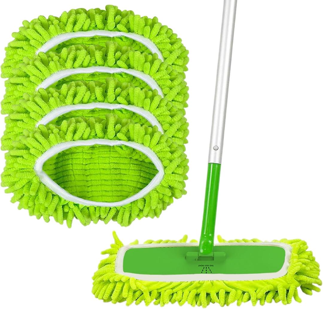 Mop Head Replacement 4Pcs Reusable Mop Pads Washable Flat Mop Refill Wet & Dry Use Dust Mop Replacement Heads Fit 10x4.5 Mop Head for Floor Cleaning, Microfiber Mop Head