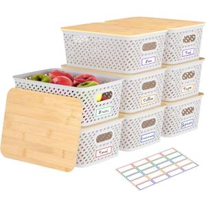 8 Packs Plastic Storage Bins with Bamboo Lids - Stackable Storage Bins Decorative Small Basket Containers for Organizing Shelves Office Classroom Desktop Closet, Cream White