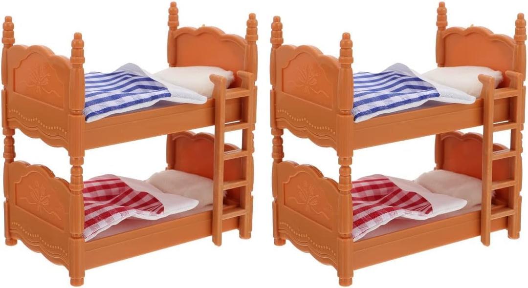 2Pcs Dollhouse Bunk Bed, 4in Mini Calico Bed Furniture, Dollhouse Beds with Ladder, PVC Miniature Doll House Decorative Accessories for Mini Landscape DIY Kit