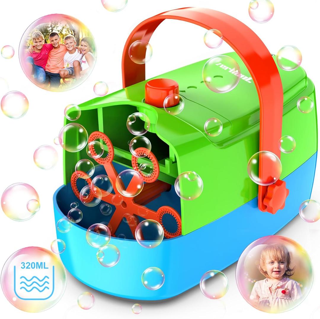 Bubble Machine Durable Automatic Bubble Blower, 18000+ Big Bubbles Per Minute Bubbles for Kids Toddlers Bubble Maker Operated by Plugin or Batteries Bubble Toys for Indoor Outdoor Birthday Party (Green Blue)