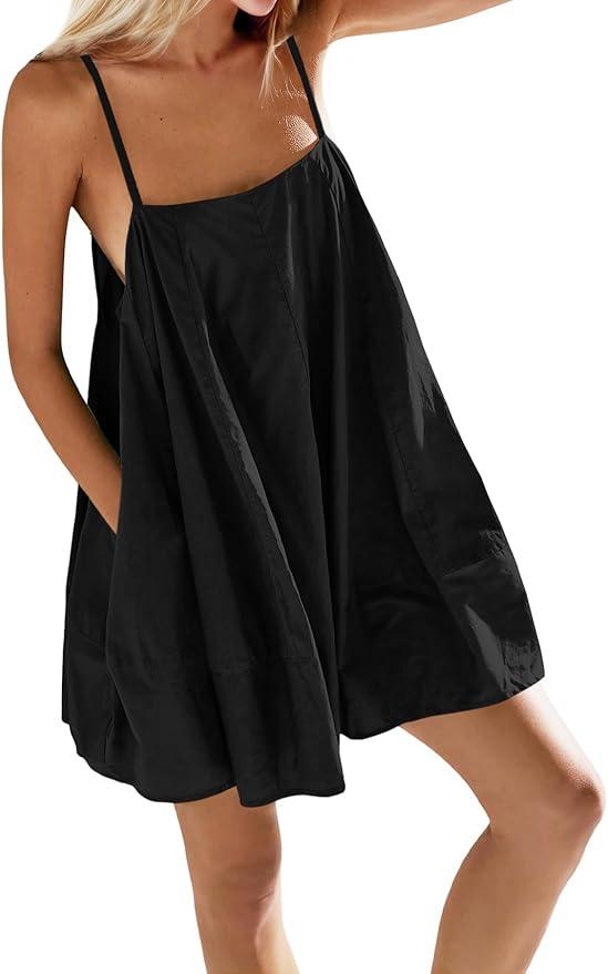 Fisoew Womens Oversized Spaghetti Strap Mini Dress Sleeveless Flowy Casual Summer Dresses
 Size S