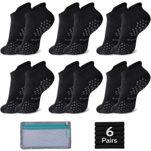 Hylaea Unisex Non Slip Socks with Grip for Yoga, Hospital, Pilates, Barre | Ankle, Cushioned (6 Pairs Black)