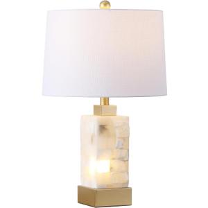 JONATHAN Y 23" Gold/White 2-Light Alabaster and Metal LED Table Lamp, Coastal Glam Modern Bedside Lamp with Nightlight Base and Linen Shade, LED Bulbs Included JYL6202A