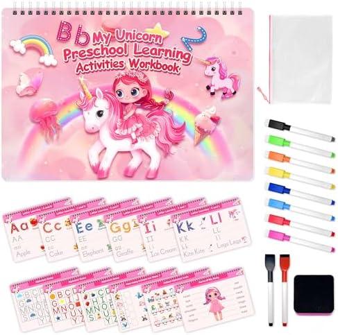 Preschool Learning Activities Workbook,Unicorn Tracing Books for Kids, Pre K Toddler Writing Practice Learning Resources, Montessori Handwriting Practice Educational Toys Gifts for Girls Age 3-6 yrs old 3 Pack