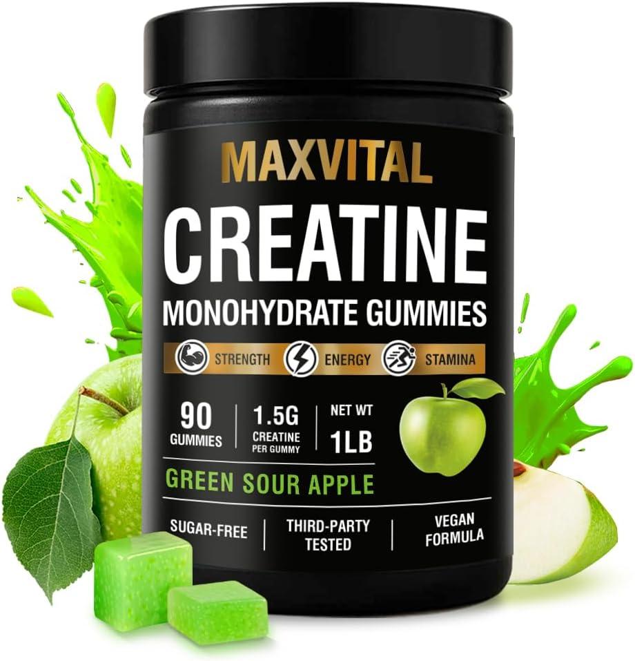 Creatine Monohydrate Gummies 1500 mg Crisp Green Apple Chewable Pre-Workout for Strength & Muscle Support Vegan, Sugar-Free & Halal for Men & Women 90 Gummies (EXP 09/18/27)