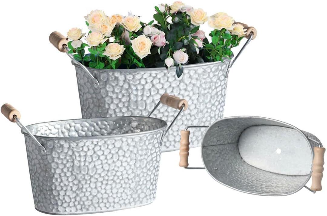 Galvanized Metal Oval Planter Buckets with Handles  Set of 3 Rustic Farmhouse Flower Tubs with Drain Holes & Plugs, Vintage Small Pots for Herbs, Succulents, Wedding or Tabletop Decor (Stone style)
