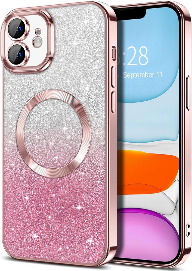 Hython for iPhone 11 Case Clear Magnetic Glitter Phone Cases [Compatible with MagSafe] Full Camera Lens Protector Slim Gradient Sparkle Luxury Plating Shockproof Protective Cover Women Girls, Pink