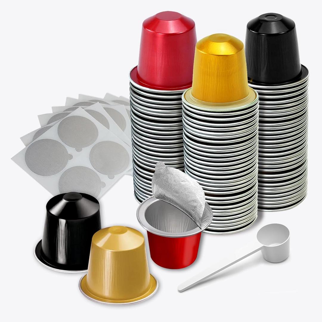 Espresso Capsules Refillable Coffee Pods For Nespresso Original Line,Disposable Aluminum Coffee Filter Capsule,Replacement Pods Kit For Nespresso Machine (60 Foil Seals Lids+60 Pods+1 Spoon) (Multicolor (Red,Black,Gold))