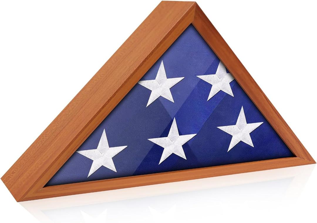 Flag Display Case for 3' x 5' Flag, American Flag Shadow Box with HD Tempered Glass and Wall Mount, Folded Triangle Flag Holder Frame for Small Flag (Not for Burial Flag) - Brown