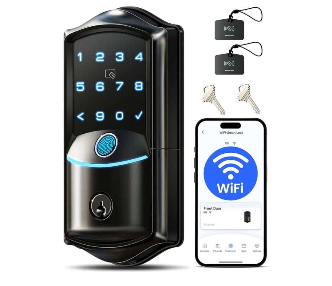 Veise VE027 Built-in Wi-Fi Smart Lock, Fingerprint Keyless Entry Front Door Lock, App Remote & Voice Control, No Hub Needed, Touchscreen Keypad Deadbolt, IP65 Waterproof, BHMA Grade 3, Matte Black