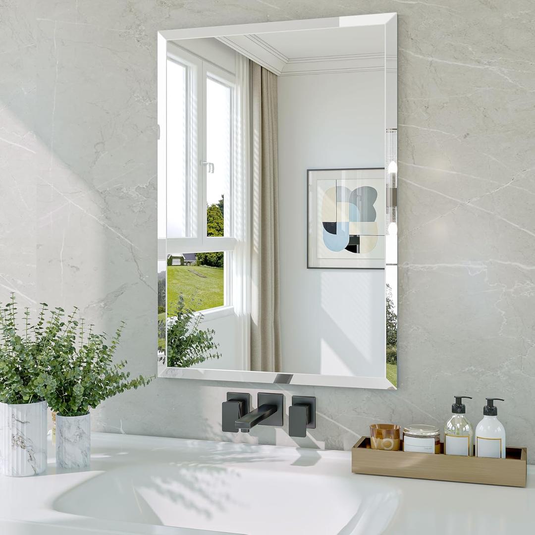 Frameless Bathroom Mirror, 18" x 26" Rectangle Beveled Wall Mirror, Modern Decorative Vanity Mirrors for Living Room, Entryway, Bedroom, Hangs Horizontally or Vertically