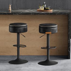 VASAGLE EKHO Collection - 360 Swivel Bar Stools Set of 2, Height Adjustable Barstools with Storage, Synthetic Leather with Stitching, Mid-Century Modern, Kitchen Bar, Easy Assembly, Ink Black