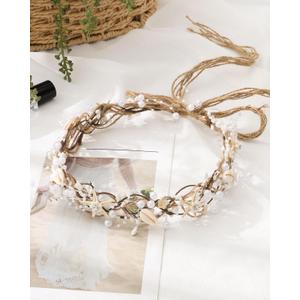 HAIMEIKANG Bridal Pearl Flower Headpiece Headband for Women and Girls - Floral Crown Halo Boho Headband Seashell Wreath for Travel And Wedding Festivals (White)