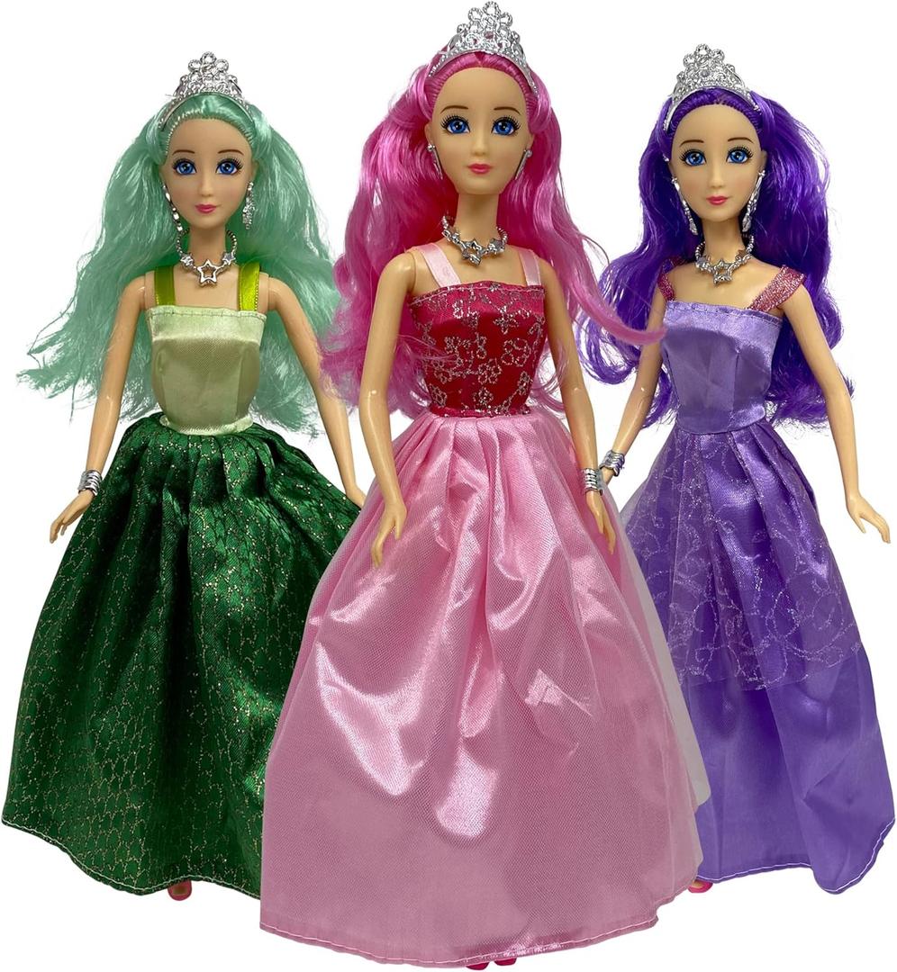 Princess Doll Set for Girls, 3 Little Dolls for Dollhouse | 11.5 Princess Dolls for 3-12 Year Old Girls | Princess Toy Dolls with Pretty Mermaid Hair, (Caucasian)