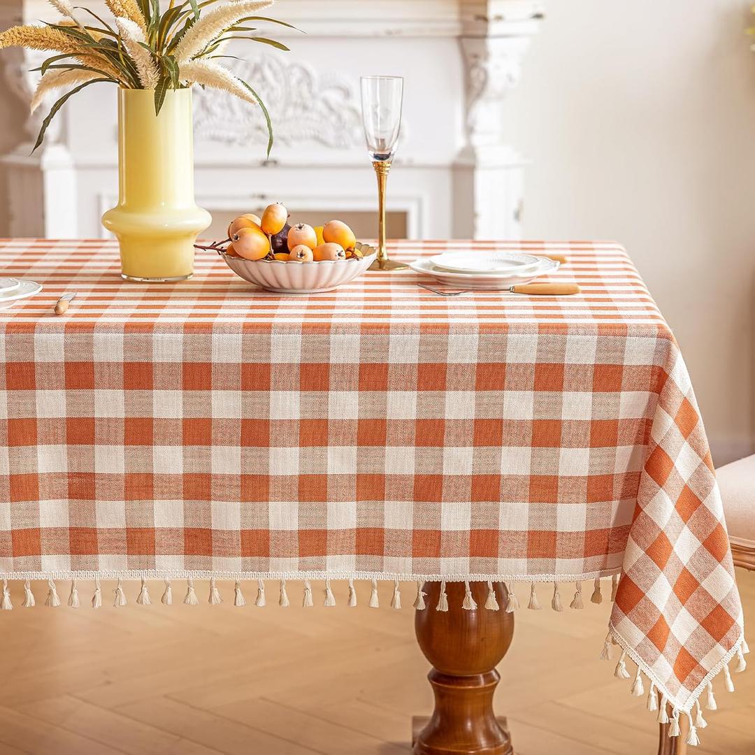 Checkered Fall Tablecloth Rectangle Cotton Linen Gingham Table Cloth with Tassel Washable Wrinkle Free Heavy Duty Buffalo Plaid Table Cover for Dining/Party/Picnic (Orange, 55" x 70" (Rectangular))