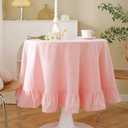 HAIRUO Cotton Linen Table Cloths Retro Farmhouse Heavy Fabric Table Cover Pink White Washable Table Top for Parties Coffee Kitchen Picnic Round Table Cloth (Pink,Round, 40")