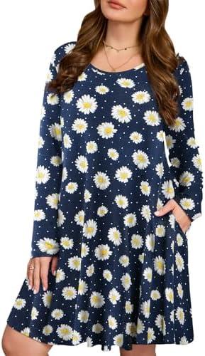 JollieLovin Women Long Sleeve Dress with Pockets Plus Size Swing Casual Loose Tshirt Dresses, 2XL