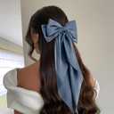 6Pcs Large Bows Hair Clips for Women Girls Long Tail Hair Ribbon Silky Satin Barrettes Coquette Bows Accessories (Black/Lake Blue/Grey Blue/White)