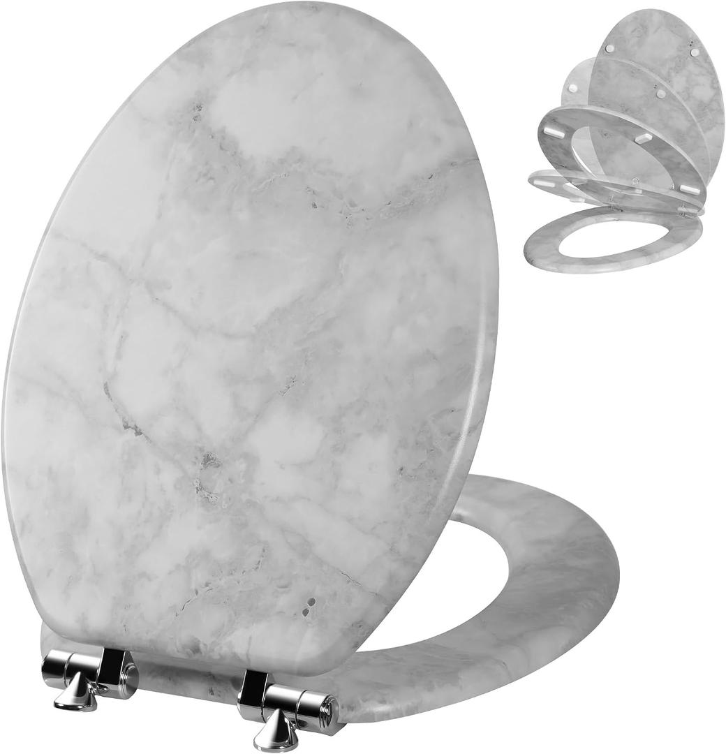 Angol Shiold Elongated Wooden Toilet Seat, 18.5", Gray Marble