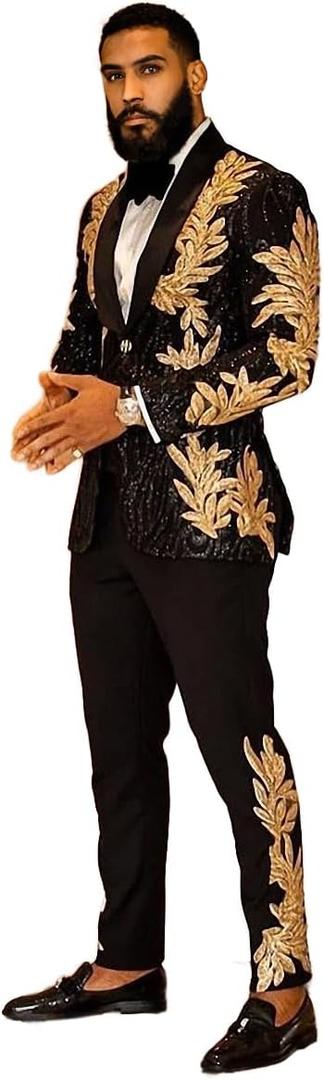 Men's Suit 2 Pieces Blazer and Pants Black with Gold Applique Fit for Wedding Prom (Small)