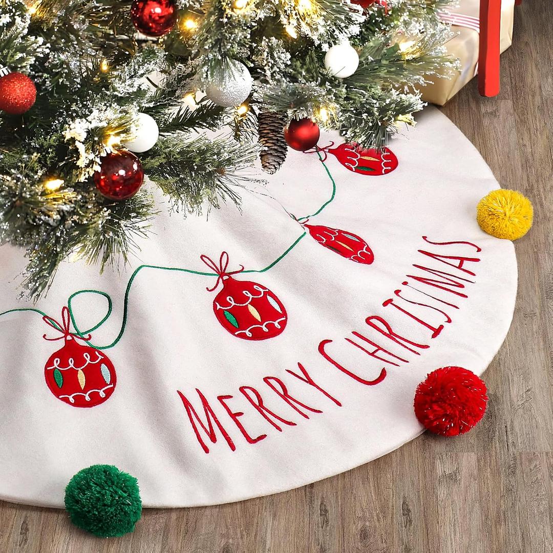 XAMSHOR 32 Inches Christmas Tree Skirt, Embroidered Burlap Xmas Tree Skirt with Colorful Pom Poms, Indoor Outdoor Holiday Decorations, White