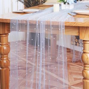 6pcs Blue Pearl Table Runner 120 Inch Long Boho Rustic Tulle Lace Table Runner for Baby Bridal Shower Wedding Arch for Spring Summer Pearl Table Cloth Decor