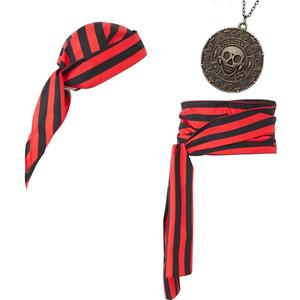 Pirate Costume Accessories Women Men Pirate Bandana Headband Head Scarf Pirate Sash Belt and Pirate Jewelry 3pcs (Black and Red)
