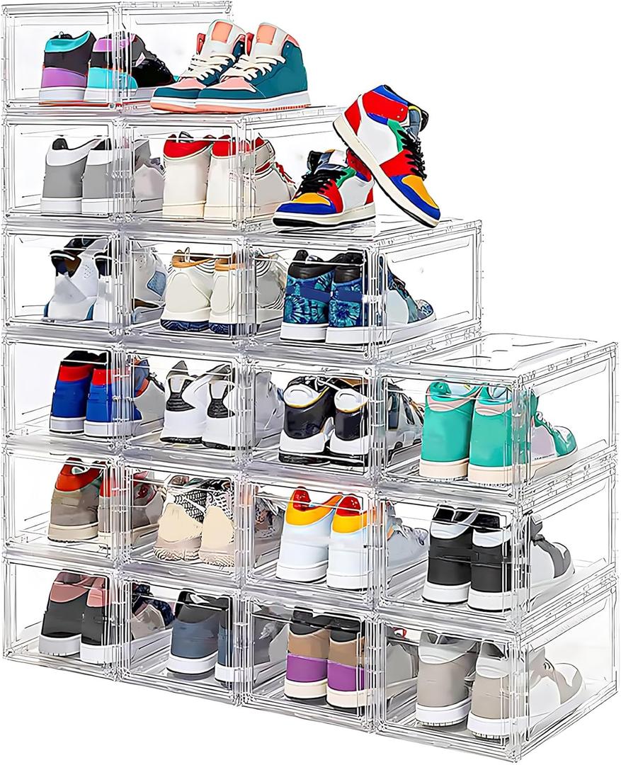 12 Pack Acrylic Clear Shoe Boxes– Ultra Clear Plastic Stackable Sneaker Storage For Sneakerhead. Professional Grade Shoe Display Case with Magnetic Door .Boots and Hat Organizer.Fits US Size 15