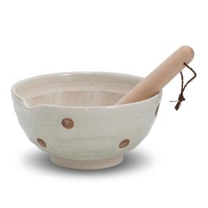 Mino Ware Sesame Grinder Bowl with Pestle, 7 inches - Durable Ceramic with Retro Dotted Pattern, Versatile for Dressings and Sauces (White, Large)