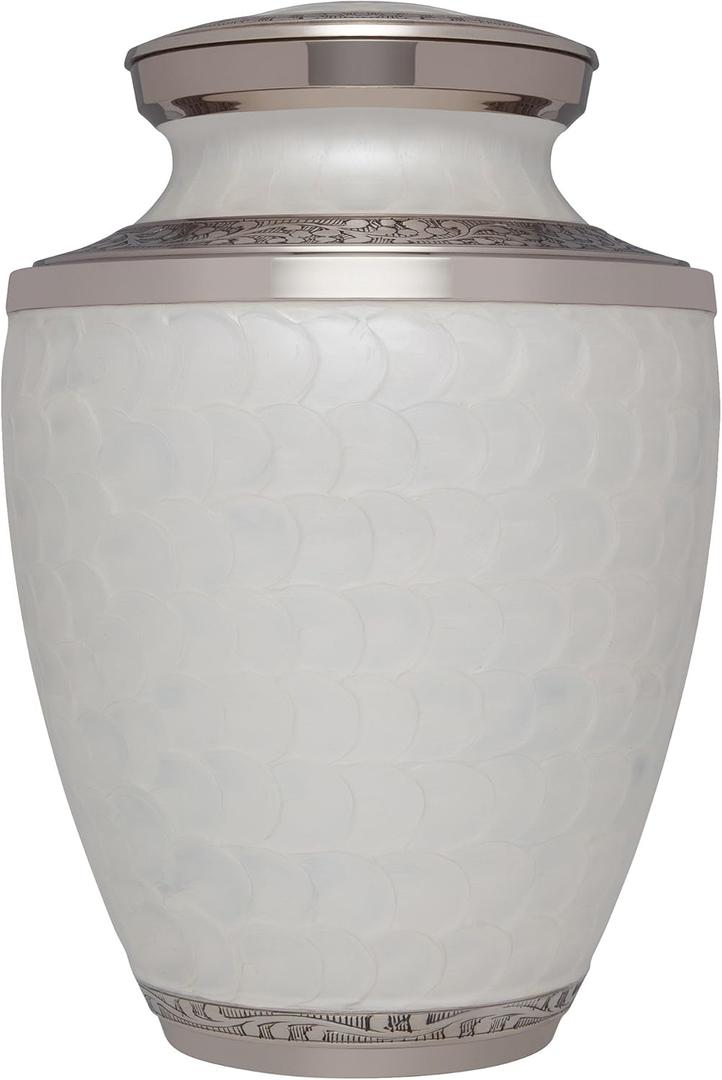 Liliane Memorials White Funeral Urn Cremation Urn for Human Ashes - Hand Made in Brass - Suitable for Cemetery Burial or Niche- Large Size fits Remains of Adults up to 200 lbs- Petals White Model