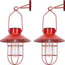 Solar Lanterns Outdoor Christmas Metal Solar Powered Hanging Lights Waterproof for Wall Barn Yard Garden Patio Garage Balcony Porch Fence Decor, Warm White Edison Bulb (Red-2pack)