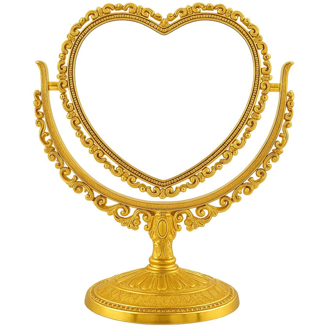 Jetec Heart Shaped Mirror Desktop Makeup Retro 360 Degree Rotation Standing Cosmetic for Dresser Room Decor Vintage Makeup Cosmetic Mirror(Gold)