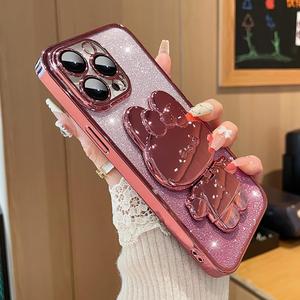 Roemary Mirror Stand Case for iPhone 17 Pro Max,for iPhone 17 Pro Max Case with Pink Cartoon,Stand Folding Bracket Kickstand Phone Cover with Camera Protector