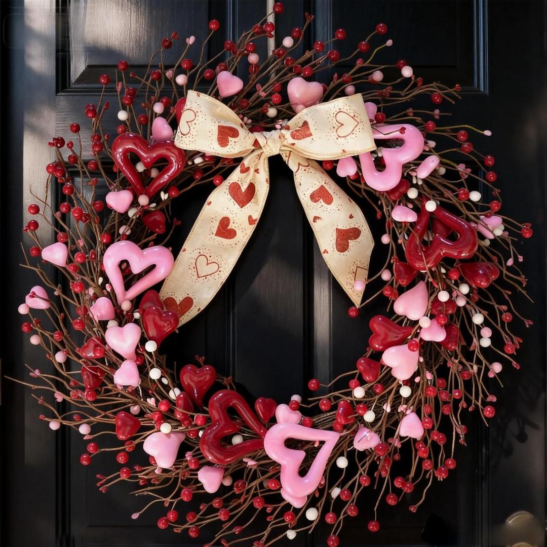 TEMPUS 22 Inch Valentine's Day Wreath for Front Door Red Pink Foam Hollow Heart-Shaped Berries Wreath with Bow Indoor Decor for Anniversary, Wedding, Romantic Gift