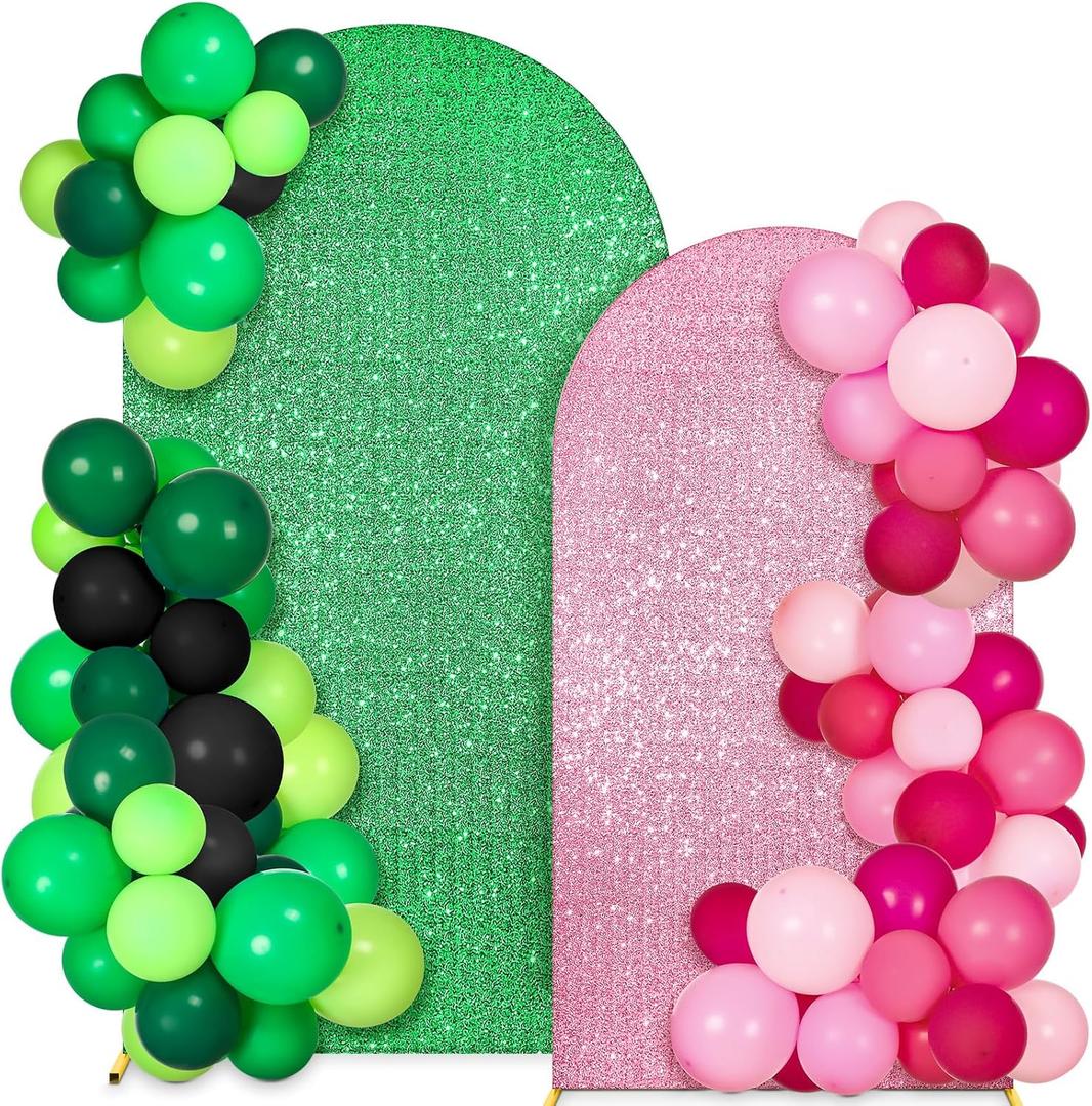 Sequin Green and Pink Arch Backdrop Cover Set of 2 Witch Themed Party Decorations Backdrop Stand Cover 6ft, 7.2ft for Witch and Princess Musical Theatre Birthday Party Supplies